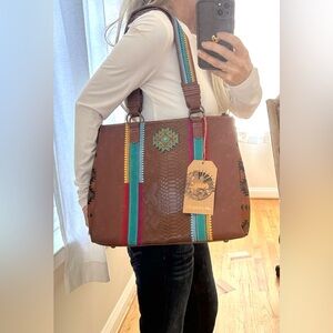 Catchfly Western Aztec Concho Multicolor Embroidered Embossed Tote Bag NWT